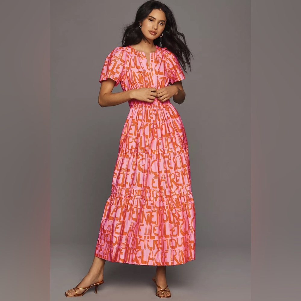 Anthropologie Pink and Orange Printed Maxi Dress